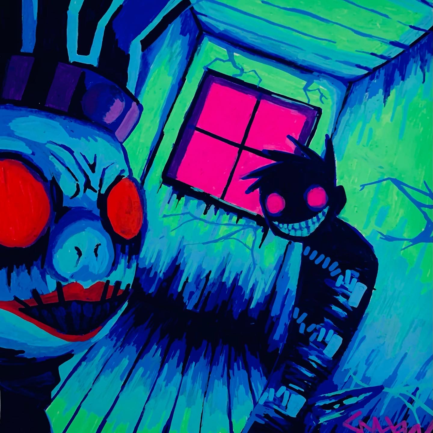 A painting based on one of the covers of the comic 'Johnny the Homocidal Maniac'. Done in 2021.