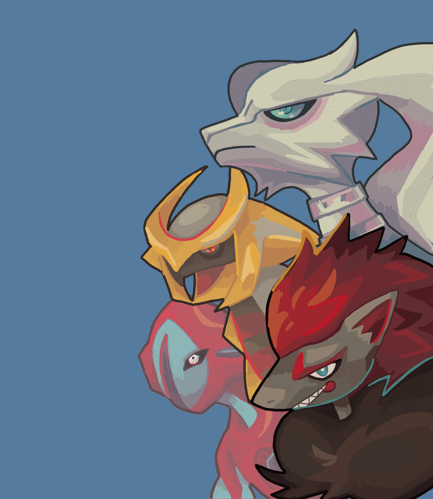 A digital painting of the pokemon reshiram, giratina, deoxys and zoroark, done in 2021.