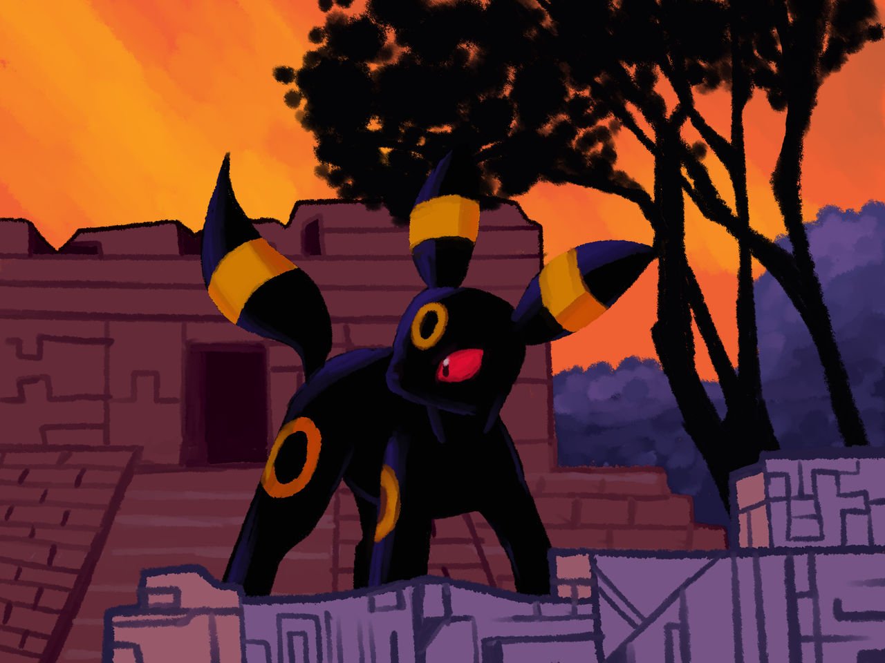 A digital painting of the pokemon umbreon done in 2019. Inspired by art by pokemon card artist Naoyo Kimura.